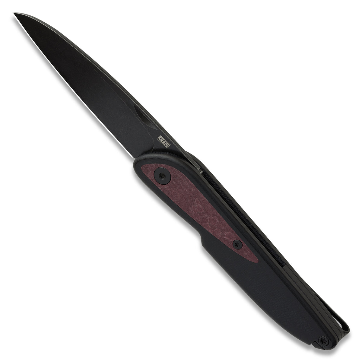 Doodler pocket knife with black G10 scales and redstone richlite inlays, open, angled view