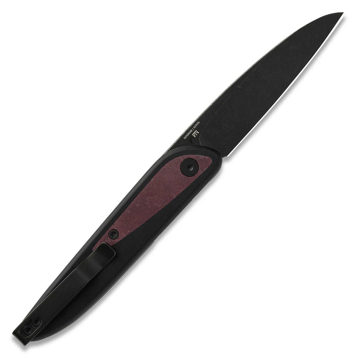 Doodler pocket knife with black G10 scales and redstone richlite inlays, open, back view