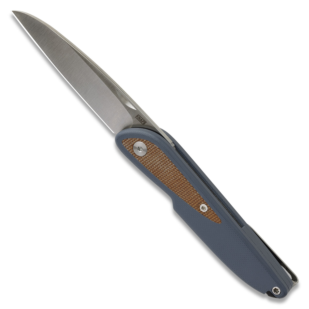 Doodler pocket knife with horizon blue G10 scales and brown micarta inlays, open, angled view