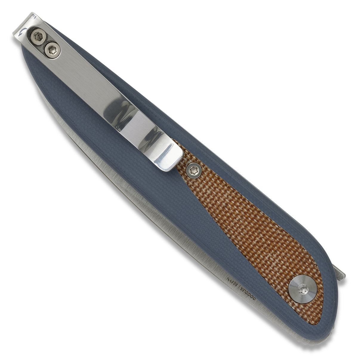 Doodler pocket knife with horizon blue G10 scales and brown micarta inlays, closed, back view