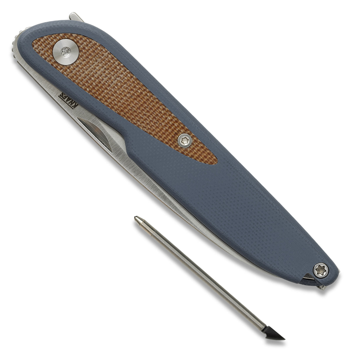 Doodler pocket knife with horizon blue handle, closed, pen extended from handle