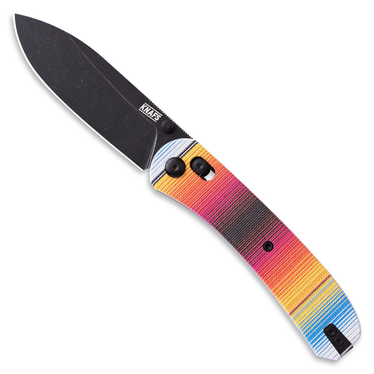 Lander 2 Pocket Knife with printed G10 scales in a Mexican Blanket pattern, black stonewashed blade, open, standalone