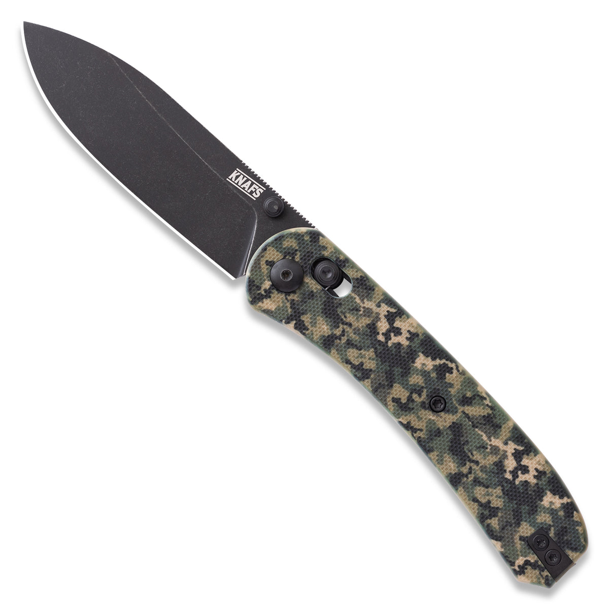 Lander 2 pocket knife with digital camo G10 handle and black stonewashed blade, open