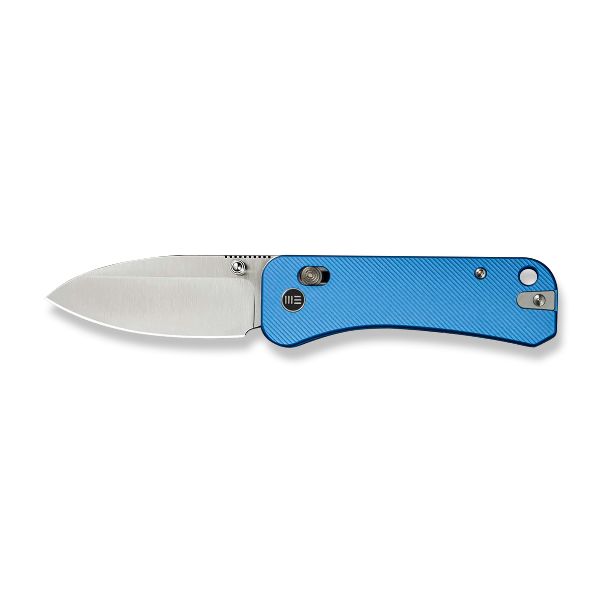 Banter 2 pocket knife with blue aluminum handle, fully open, shown horizontally