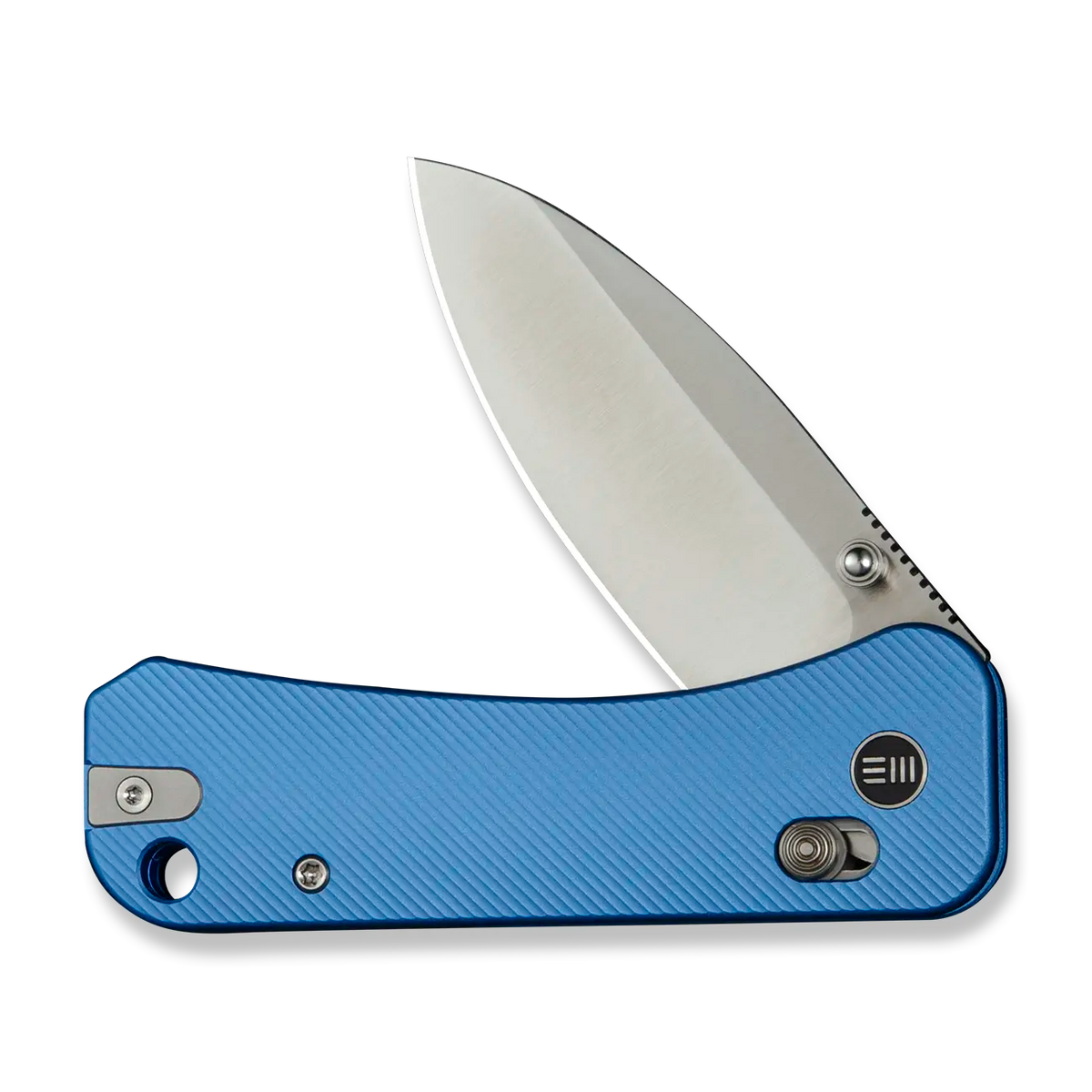 Banter 2 pocket knife with blue aluminum handle, half open showing blade emerging