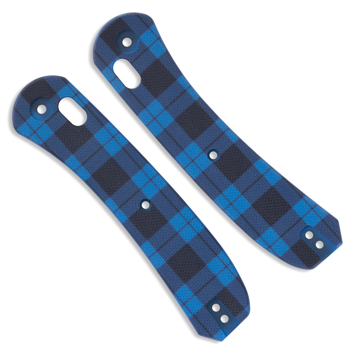 Blue flannel plaid G10 knife scales, pair shown side by side in butterfly layout