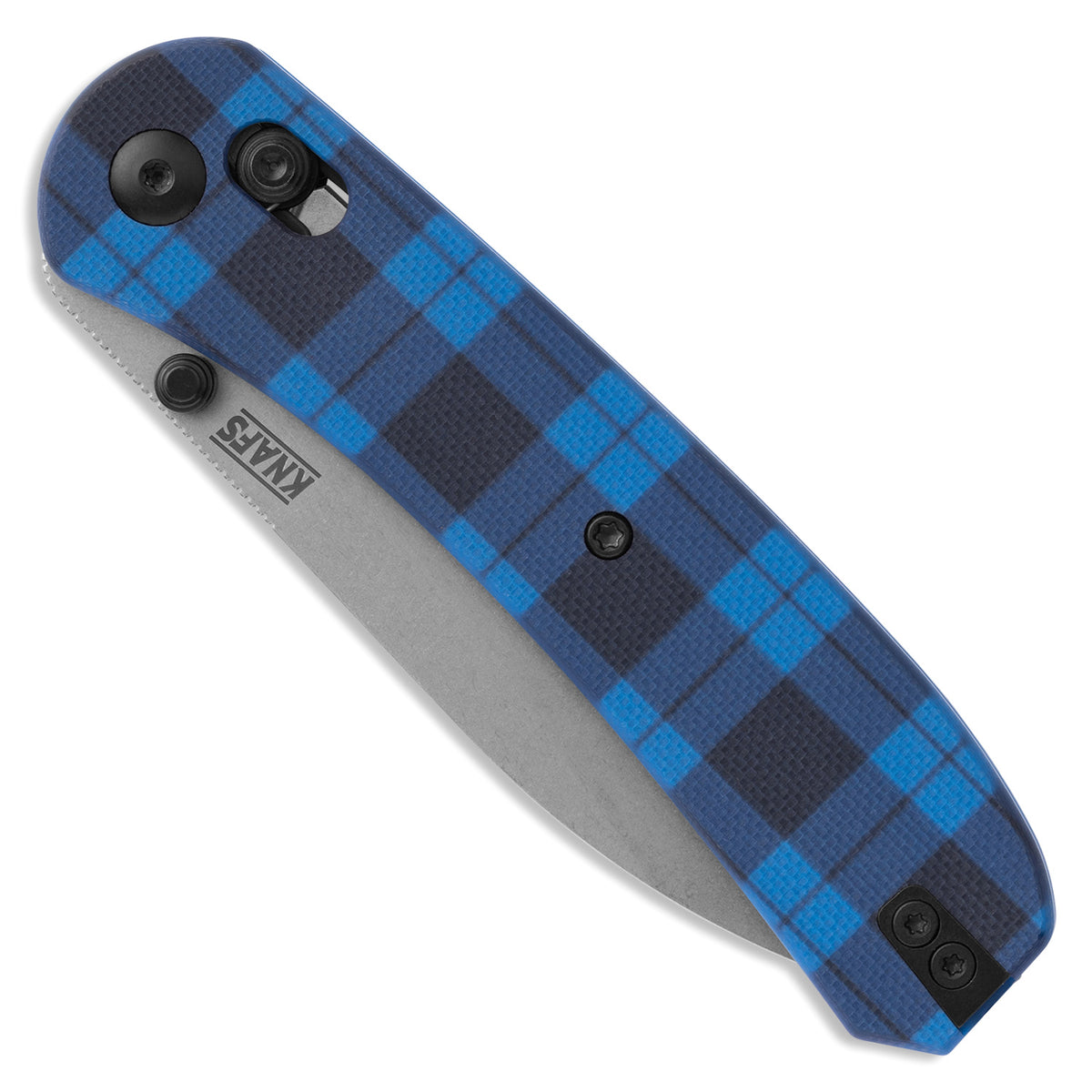 Blue flannel plaid G10 knife scales installed on Lander 2 knife, closed