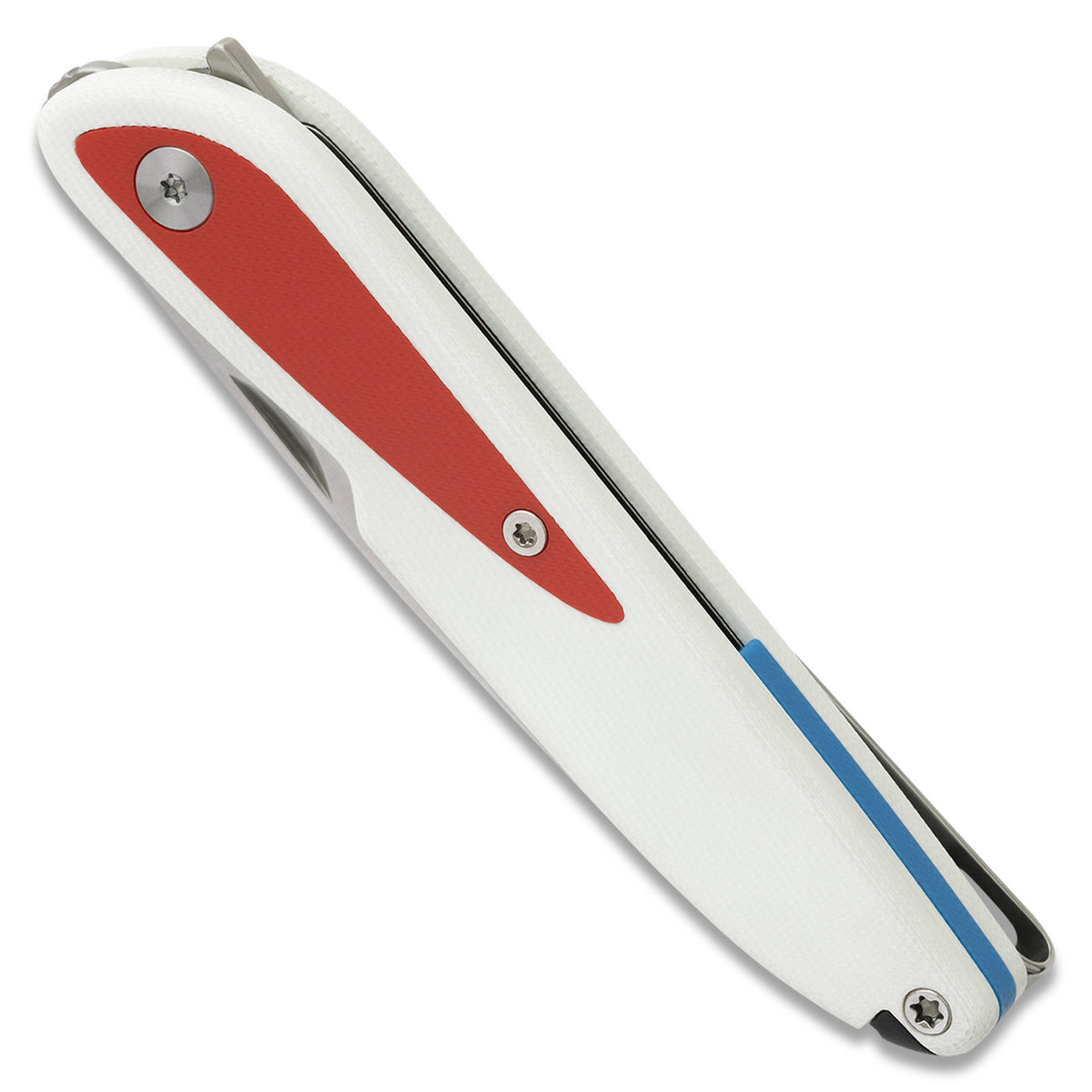 Doodler pocket knife with white G10 scales and red inlays, closed, angled view