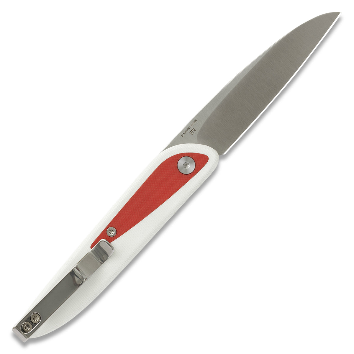 Doodler pocket knife with white G10 scales and red inlays, open, back view
