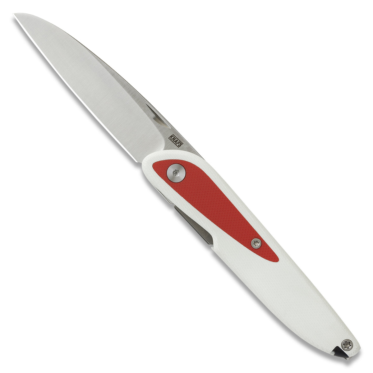 Doodler pocket knife with white G10 scales and red inlays, open, front view