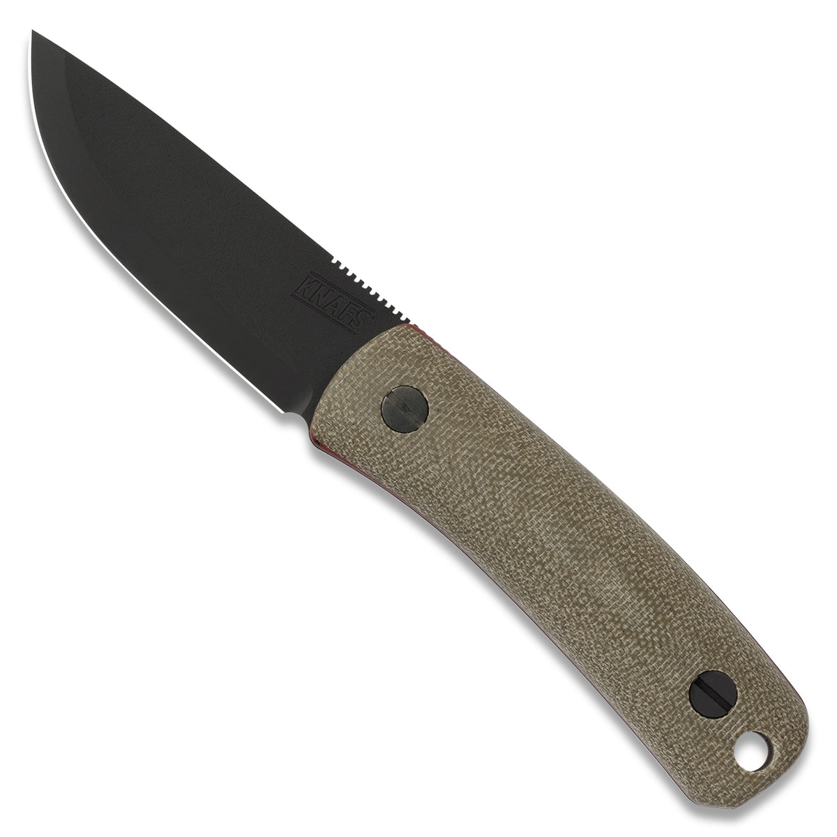 Blemished Lulu fixed blade knife with black MagnaCut blade, back view