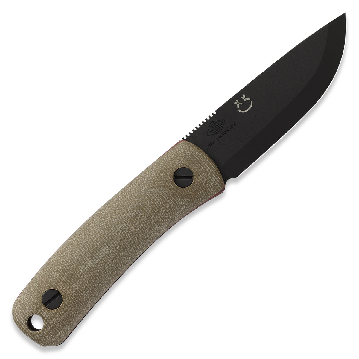 Blemished Lulu fixed blade knife with black MagnaCut blade and tan handle