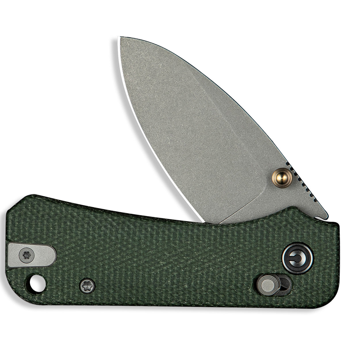 Baby Banter 2 pocket knife with green micarta handle, half open