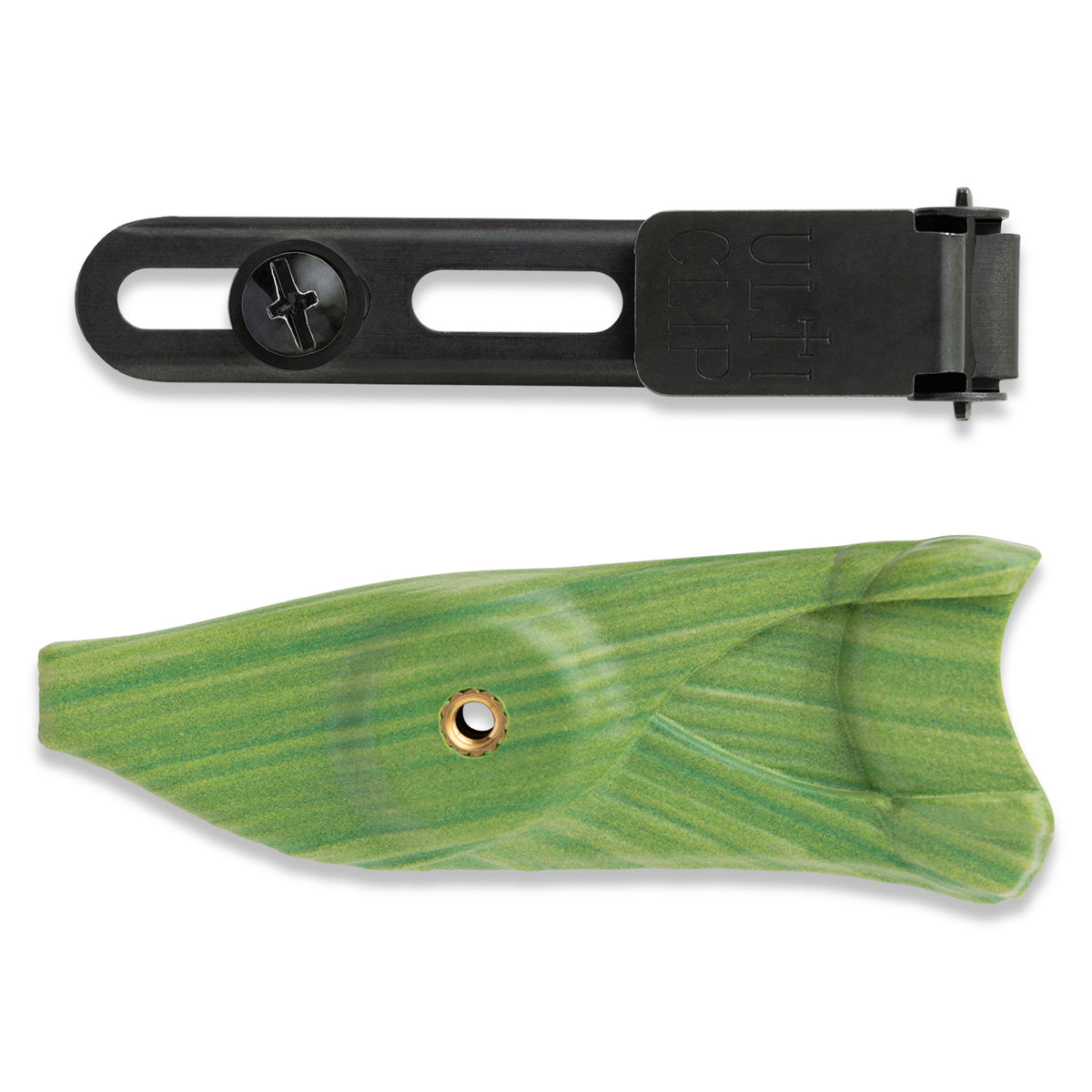 Green corn husk sheath for Lander 4 knife with clip attached, back view