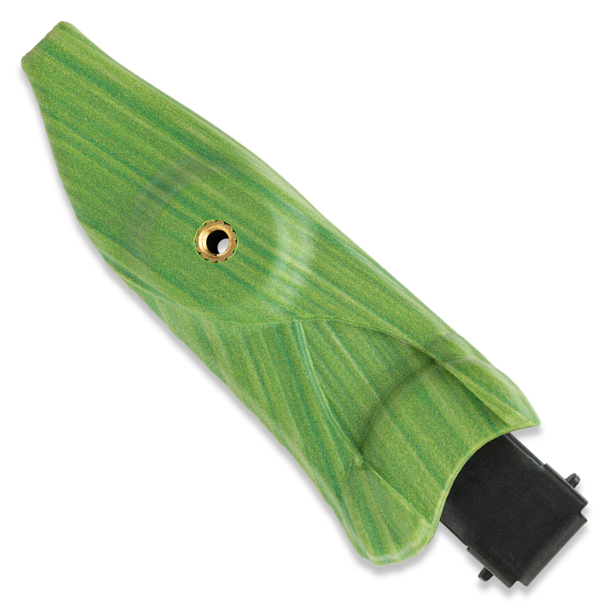 Green corn husk sheath for Lander 4 knife with clip attached, front view
