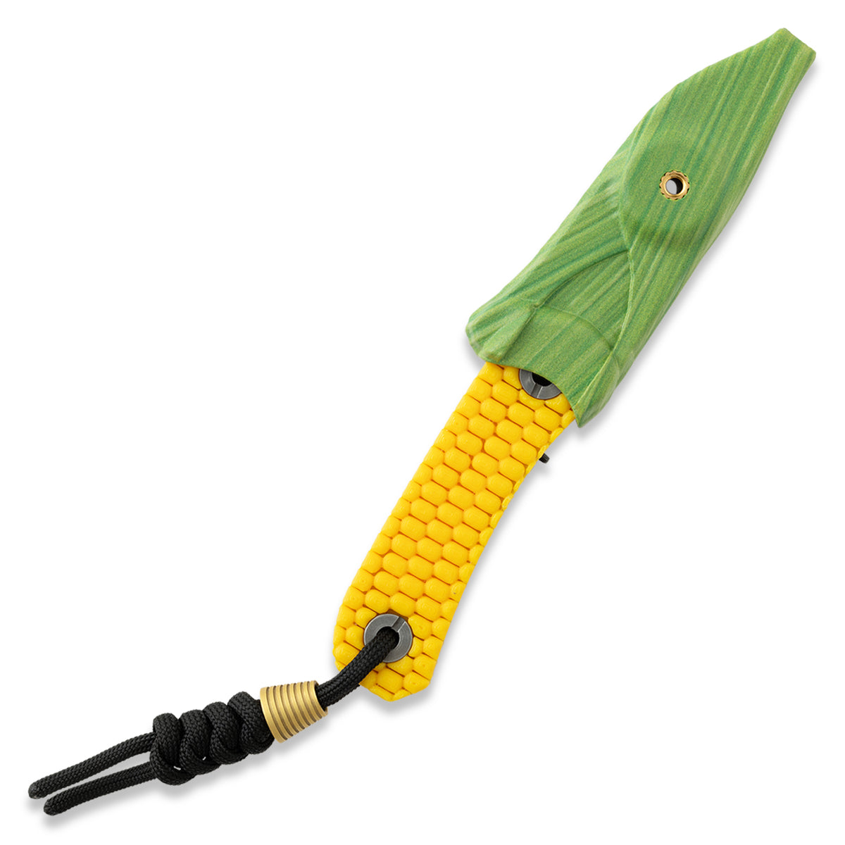 Lander 4 knife in green corn husk sheath, back view