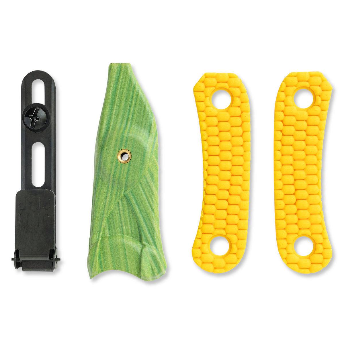 Green and yellow paracord-wrapped Lander 4 knife scales and corn husk sheath, clip removed