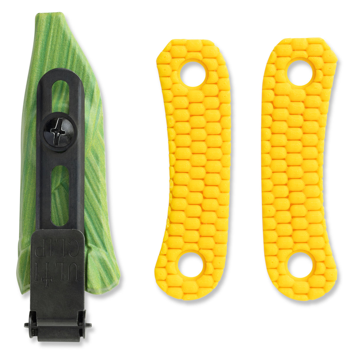 Green and yellow paracord-wrapped Lander 4 knife scales and corn husk sheath, clip attached