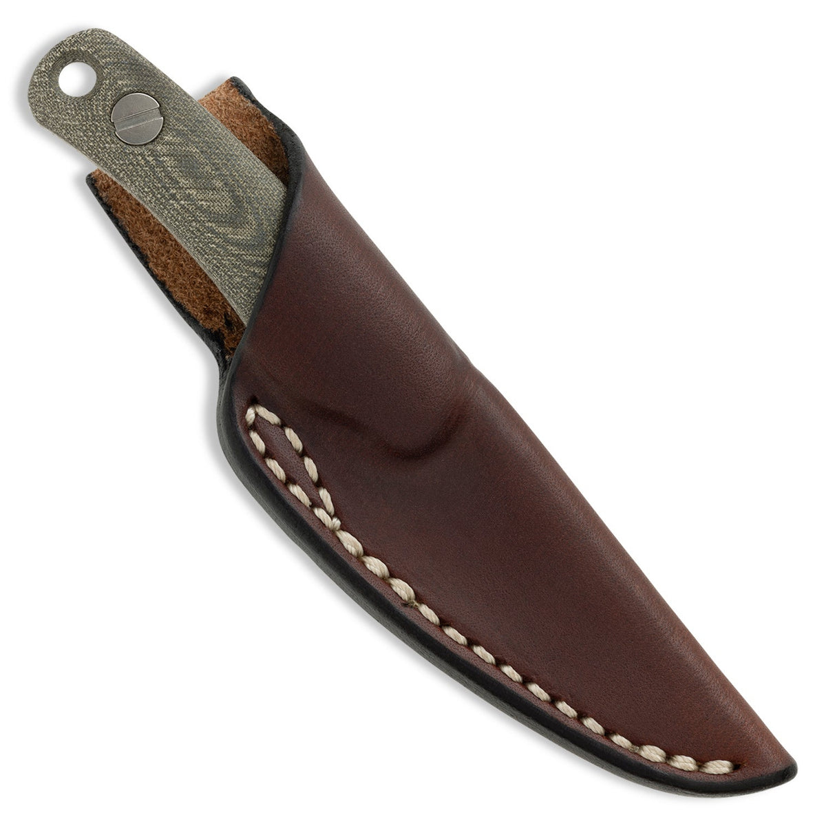 Little Lulu knife in brown leather belt loop sheath, front view
