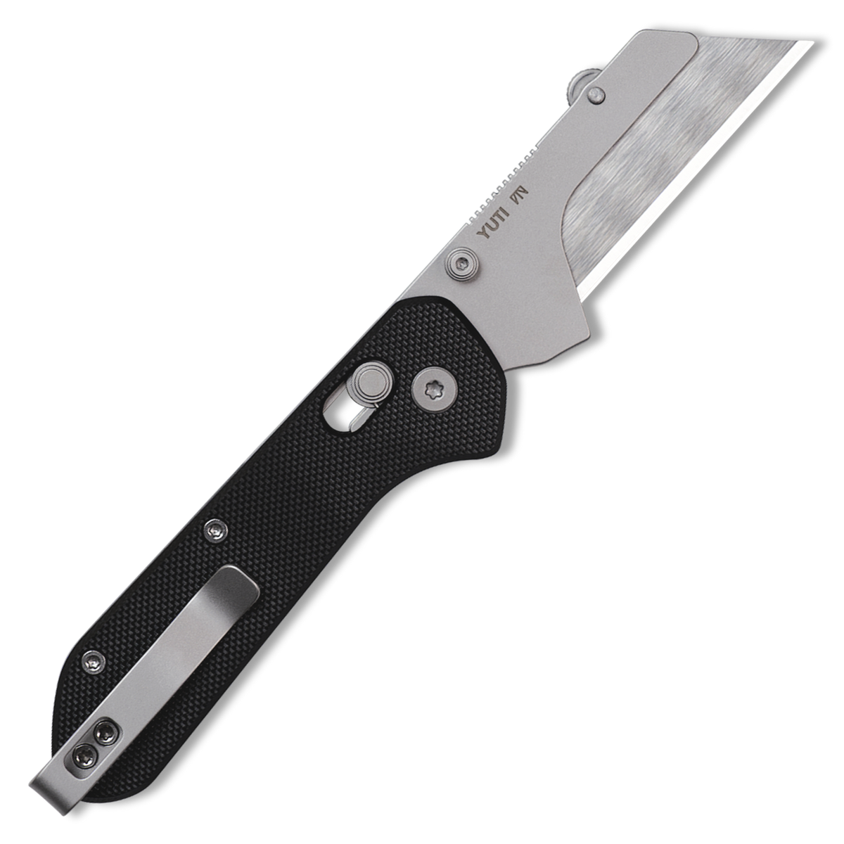 Yuti utility knife with black G10 handle, open, angled studio shot