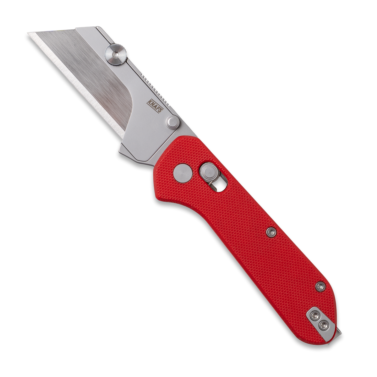 Yuti utility knife with red G10 handle, open, front view