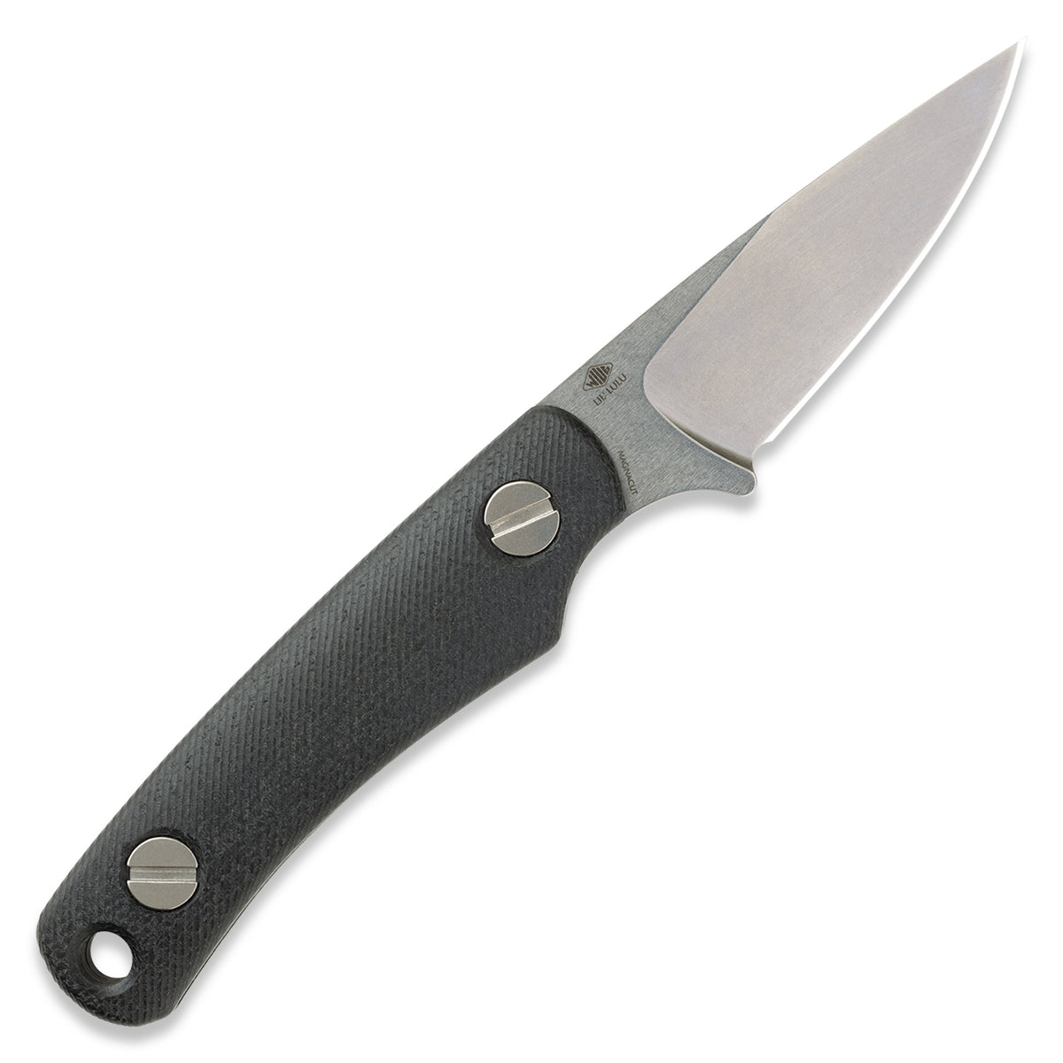 Little Lulu fixed blade knife with black micarta handle, back view