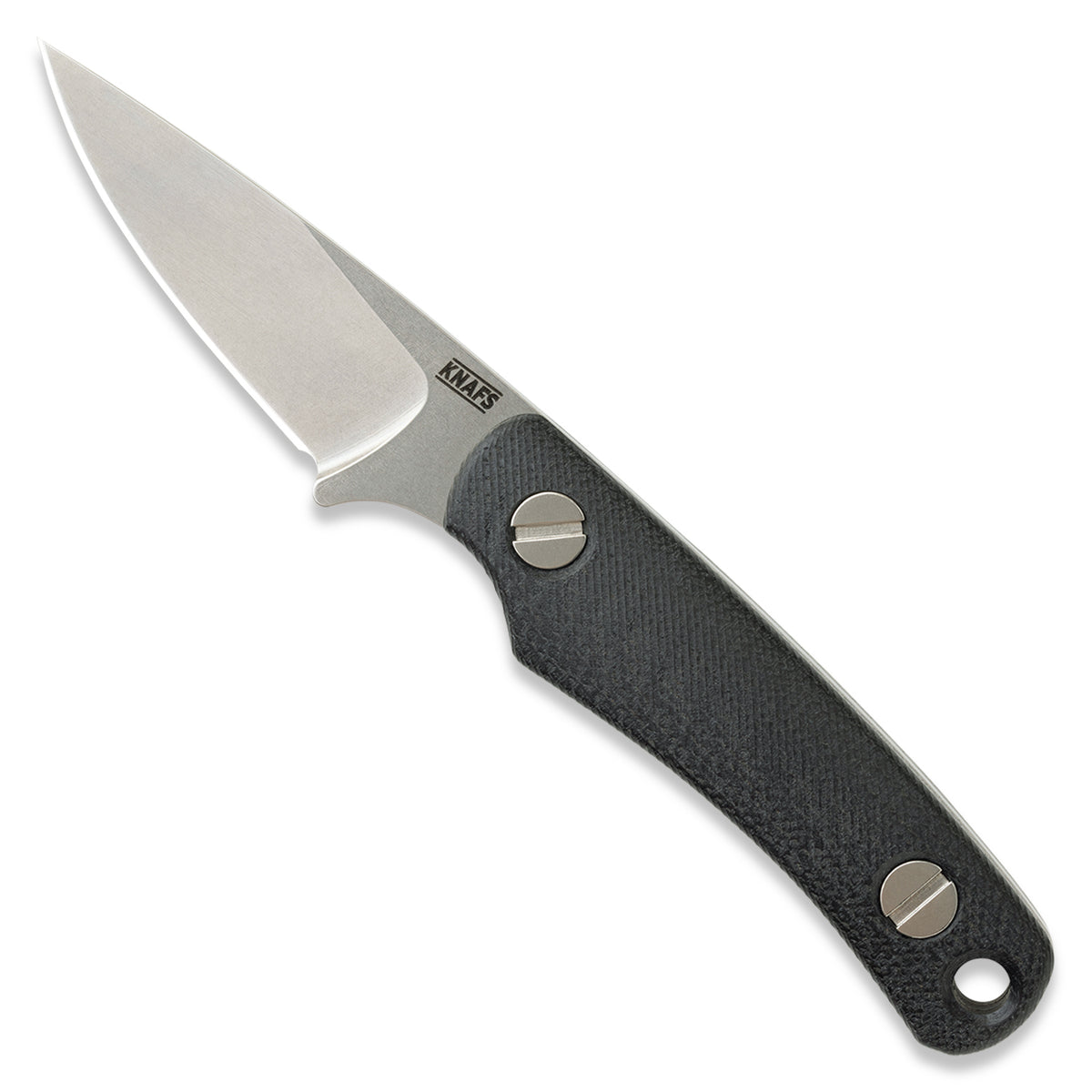 Little Lulu fixed blade knife with black Micarta handle scales, studio product shot standing upright