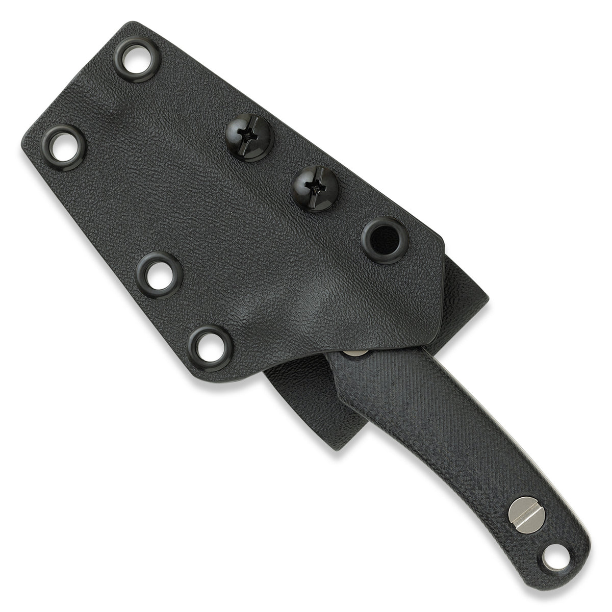 Little Lulu fixed blade knife with black micarta handle in black kydex sheath, front view