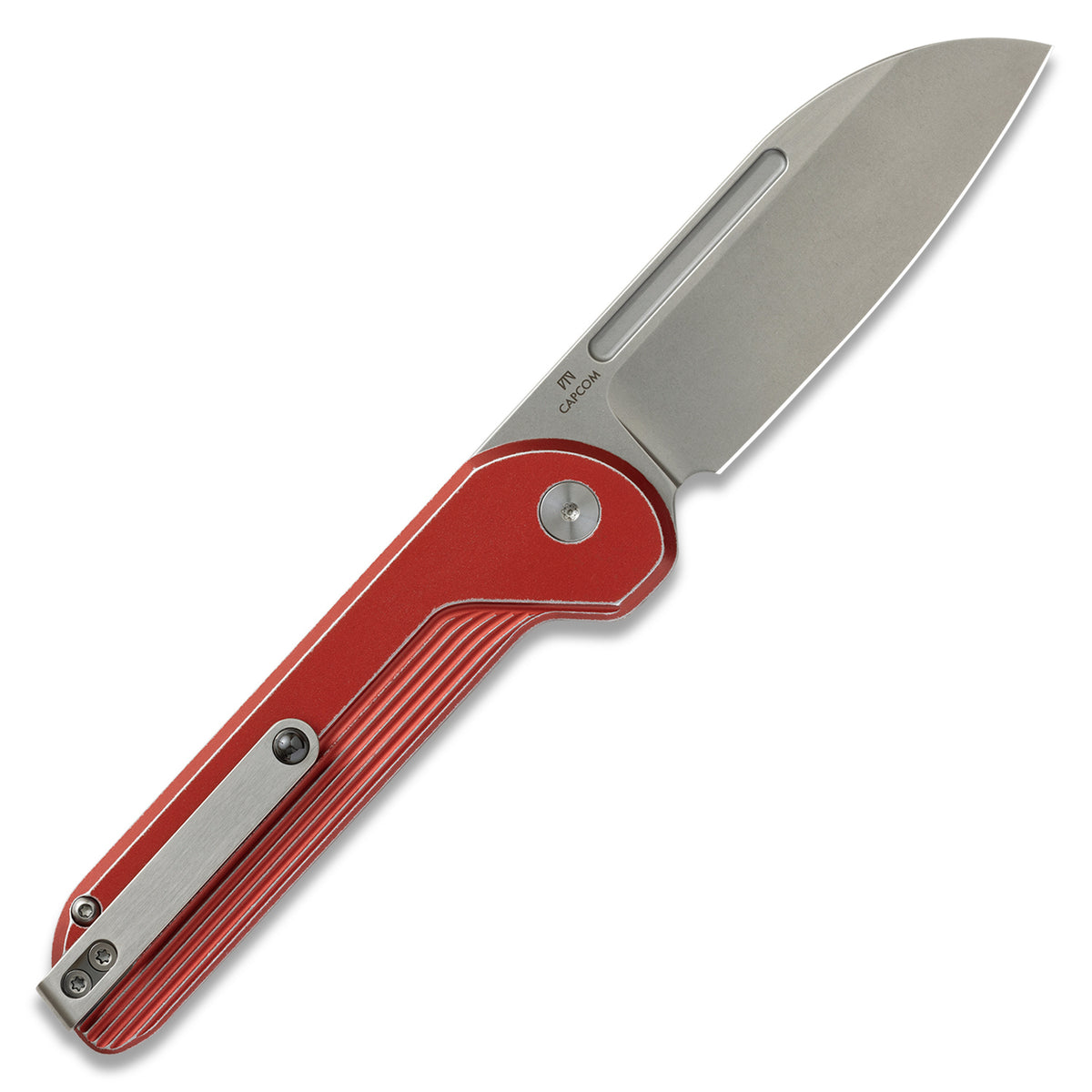 Capcom pocket knife with Re-Entry Red handle, open, back view