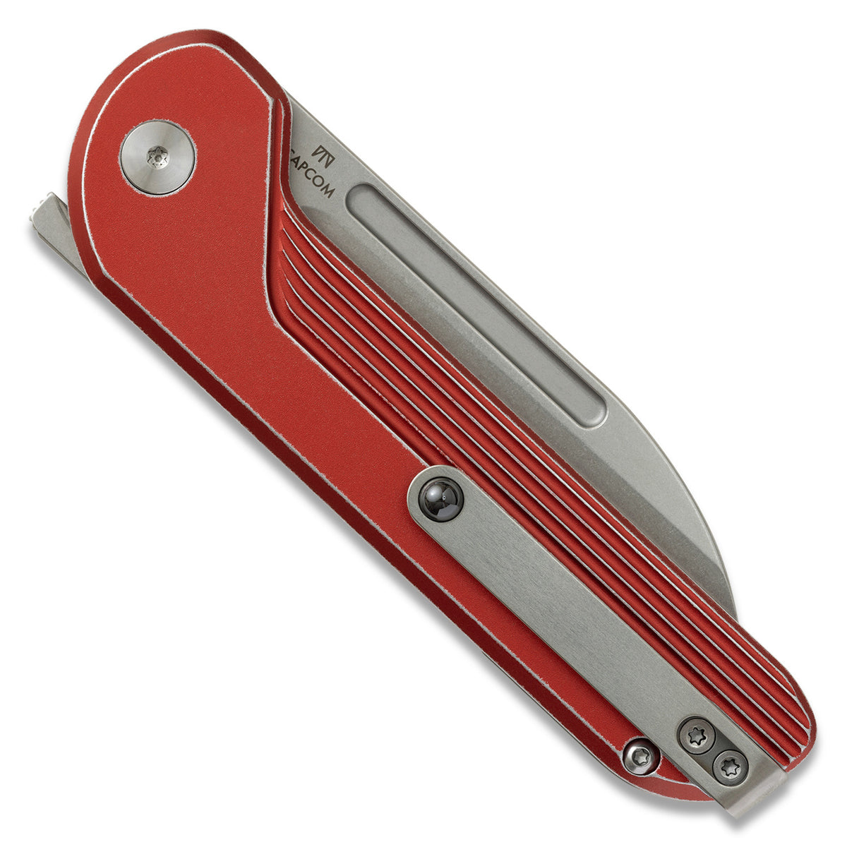 Capcom pocket knife with Re-Entry Red handle, open, angled view