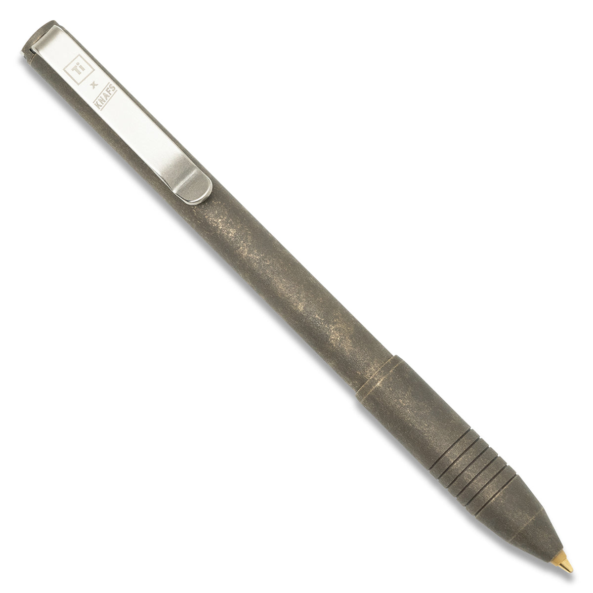 Sancho Pen with brass body and black forced patina finish, front view