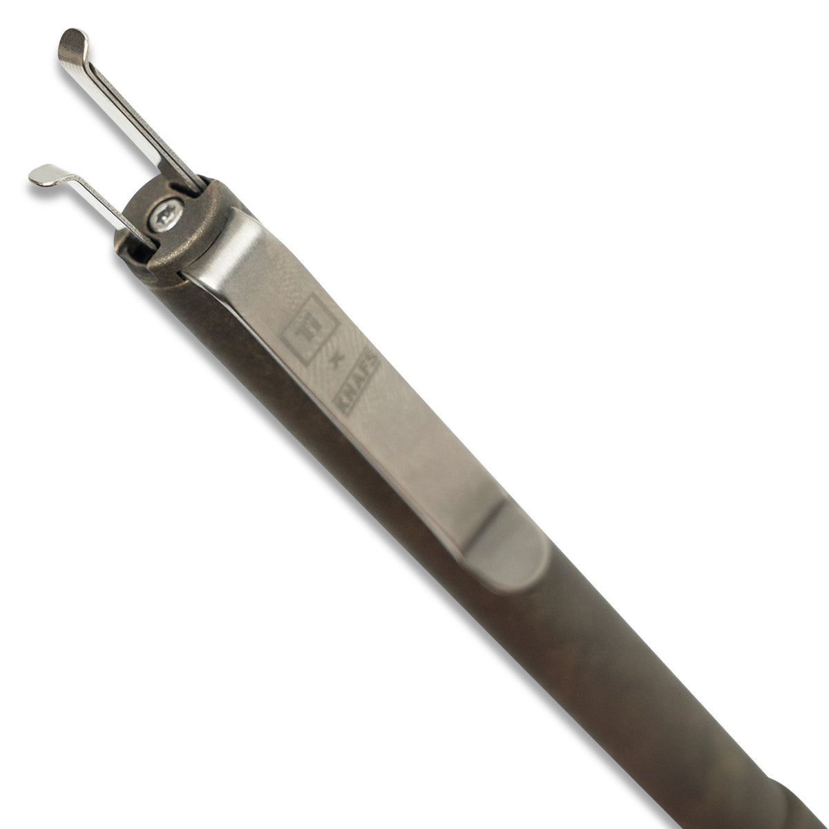 Sancho Pen with brass body and black forced patina finish, top view showing tip