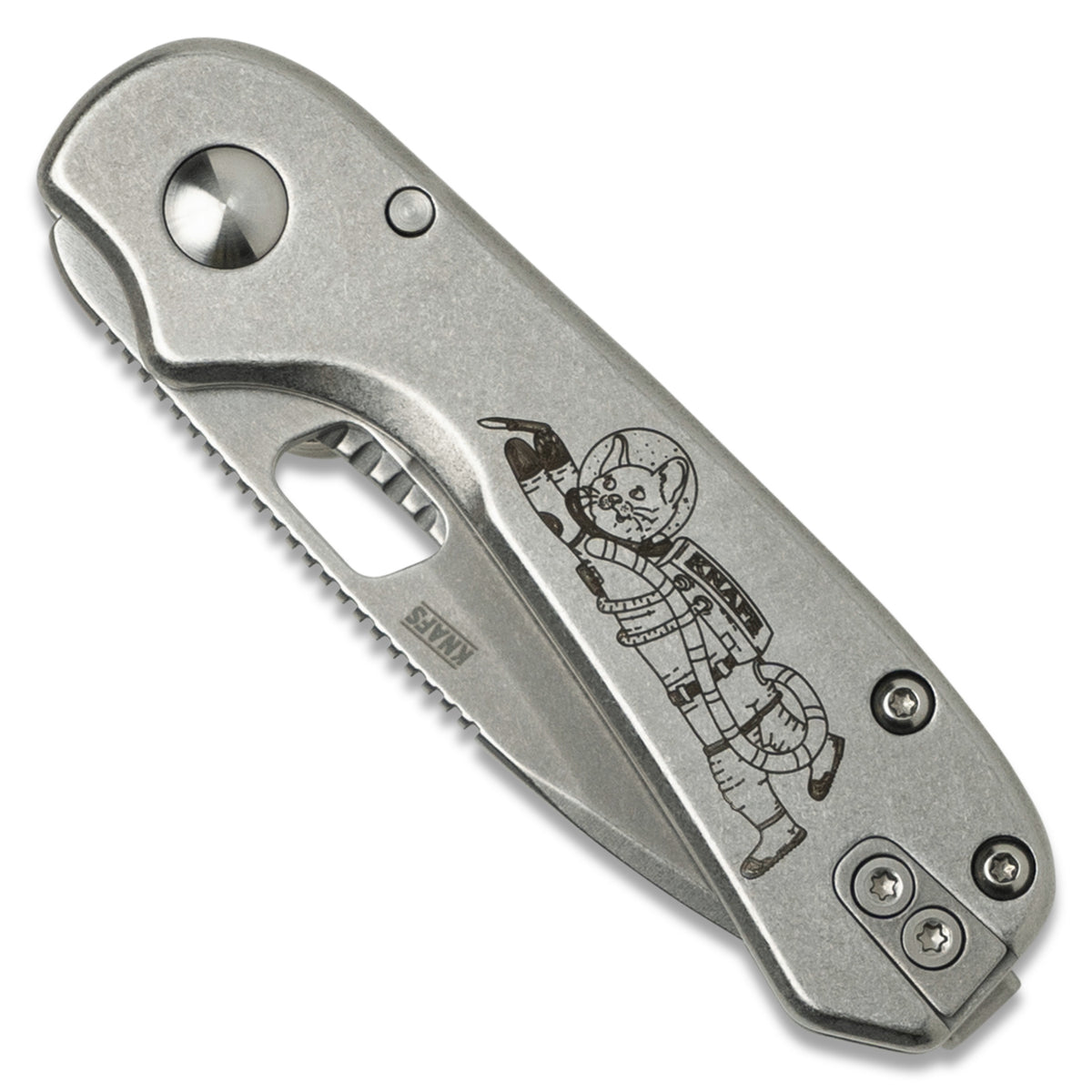 Lander 5 pocket knife, Space Kitty Gary edition, stonewashed blade, closed, front view