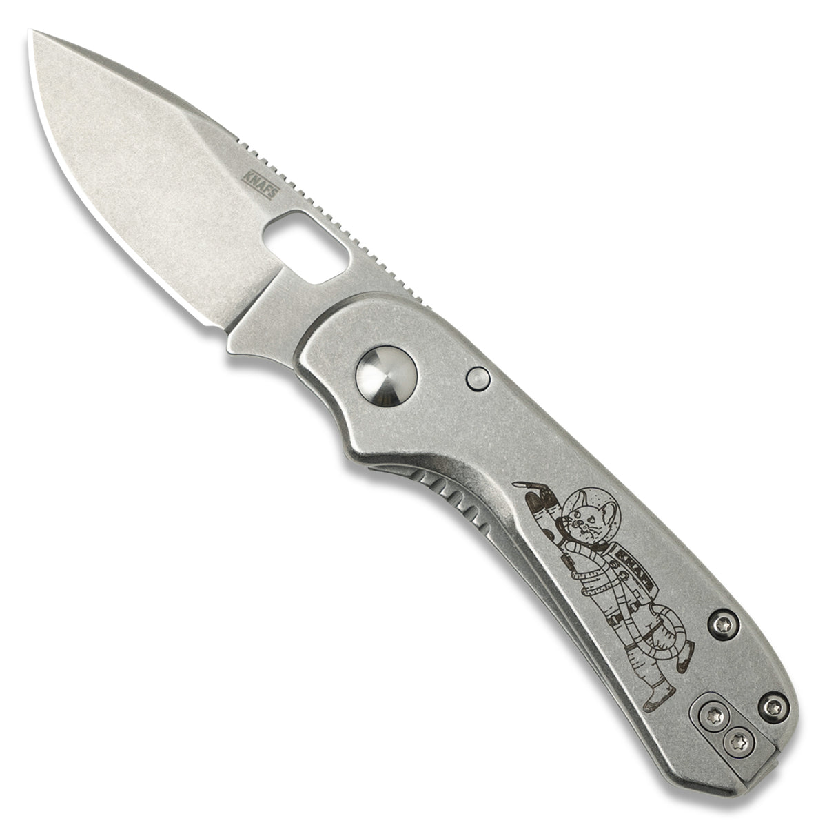 Lander 5 pocket knife, Space Kitty Gary edition, stonewashed blade, open, front view