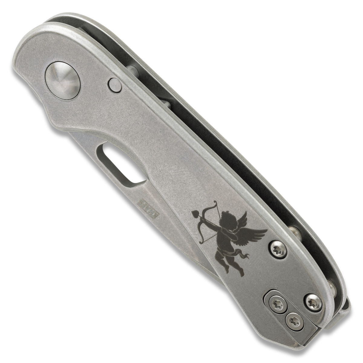 Lander 5 pocket knife, Valentine's engraved edition, closed, top angle view