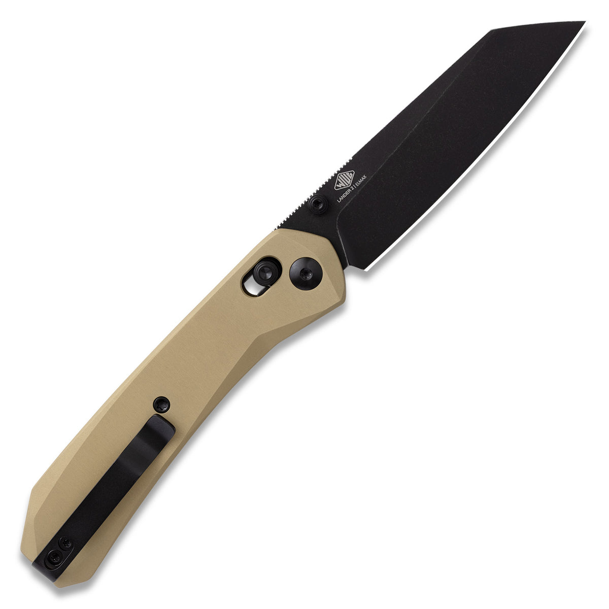 Lander 2 Reverse Tanto pocket knife with gold aluminum handle, open, back view