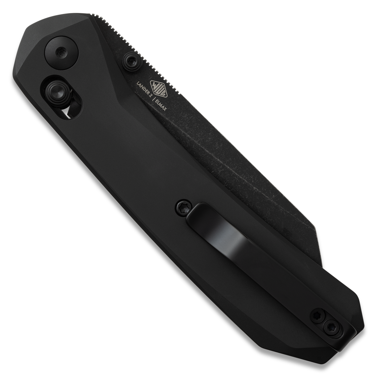 Lander 2 Reverse Tanto pocket knife with black aluminum handle, closed, back view