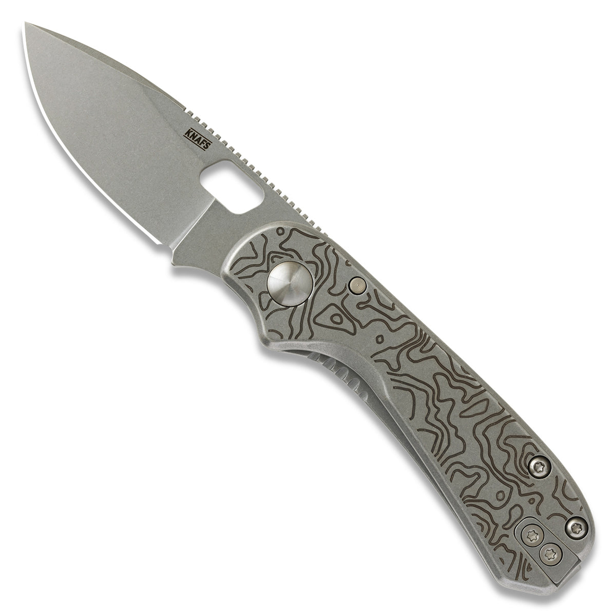 Lander 5 pocket knife, Topo gray stonewashed edition, open, front view