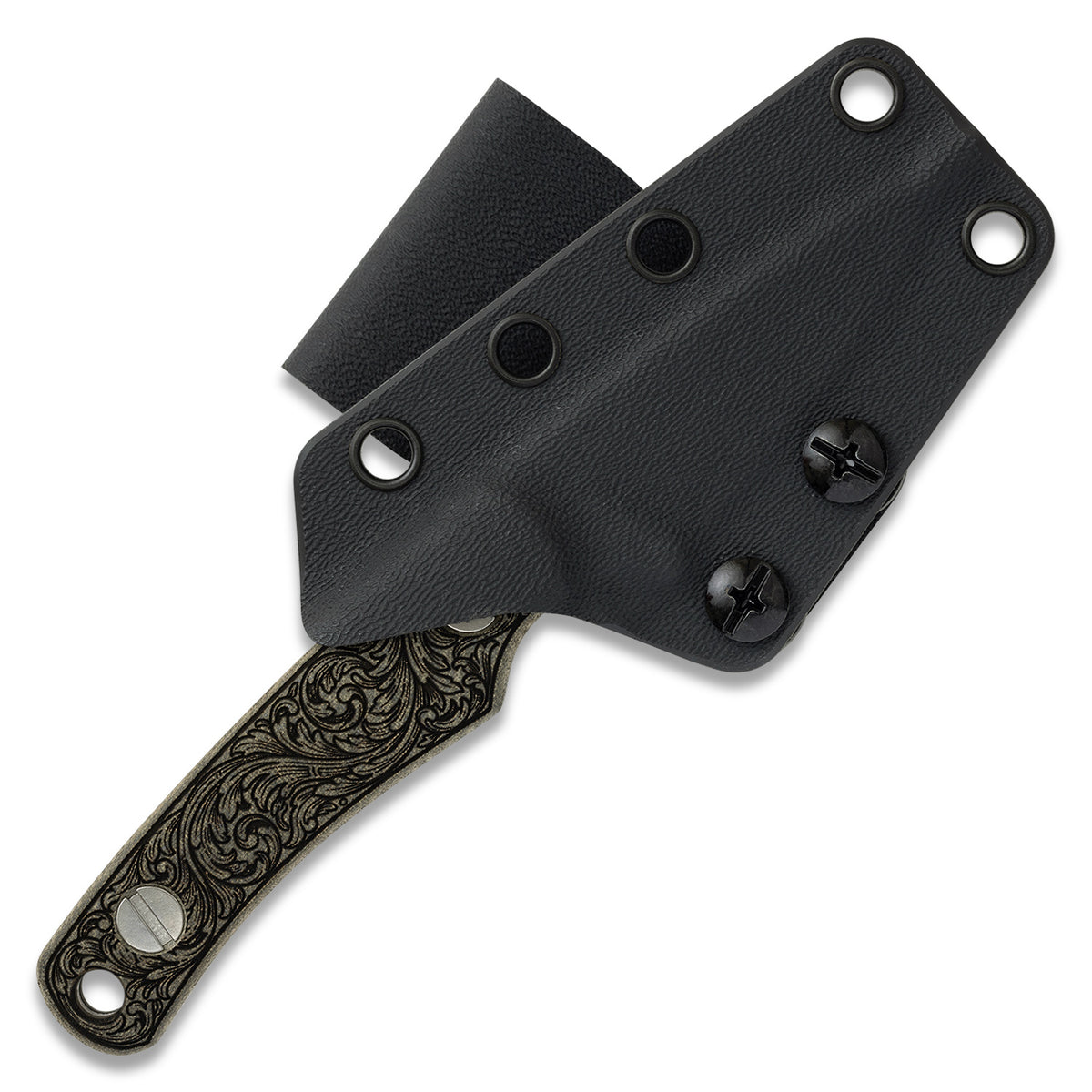 Little Lulu fixed blade knife with filigree engraved blade in sheath, Texas exclusive edition, back view