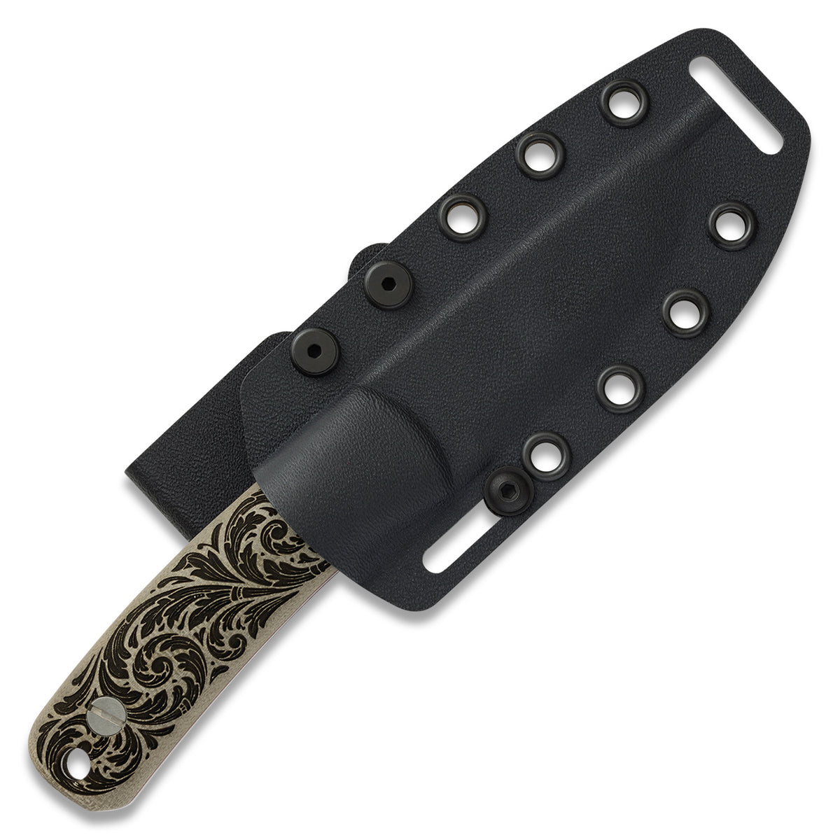 Little Lulu fixed blade knife with filigree engraved handle in sheath, Texas exclusive edition, back view