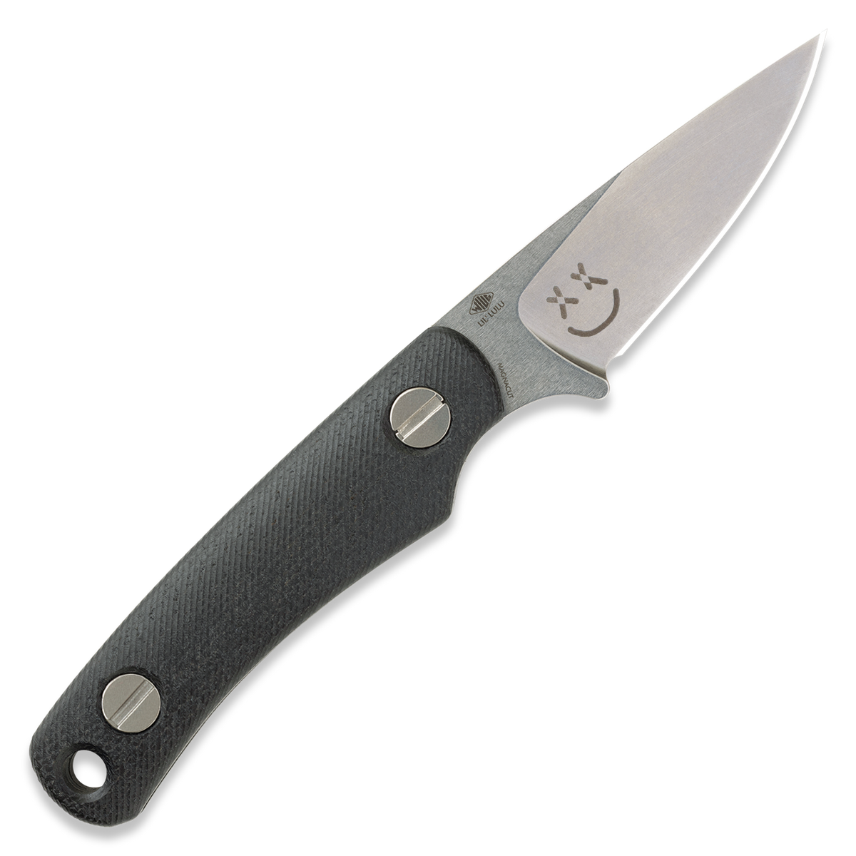 A fixed-blade knife with a textured black handle and a satin-finished silver blade, featuring a small engraved smiley face logo on the blade near the bolster. The knife is photographed diagonally on a clean white background.