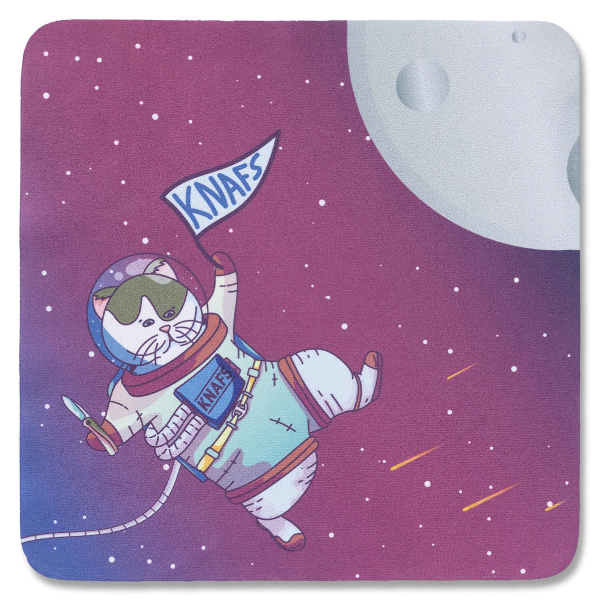 Gary the Space Kitty polishing cloth featuring astronaut cat illustration on blue background