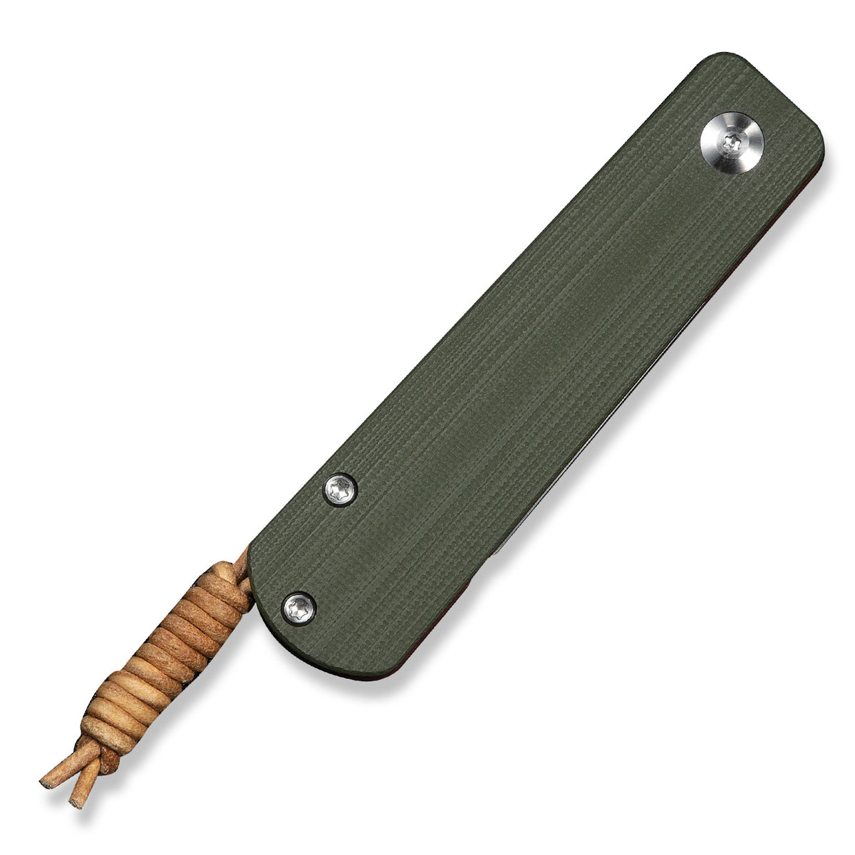 Slippy Sendy pocket knife with green and red G10 handle, closed, on green fabric background