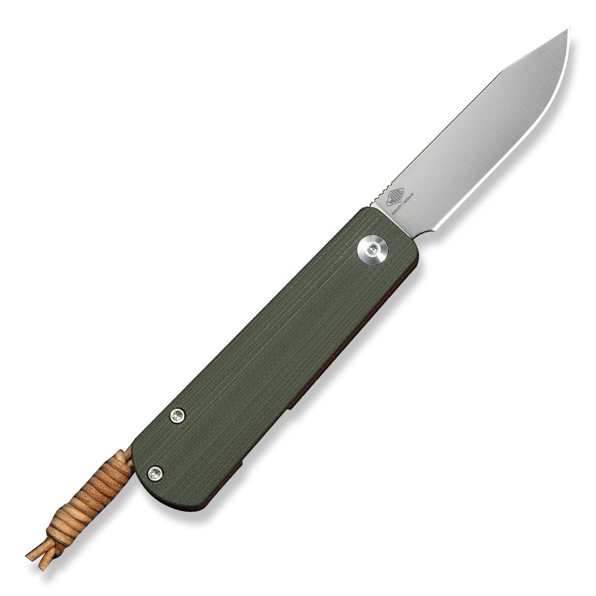 Slippy Sendy pocket knife with green and red G10 handle, open, standing upright studio shot