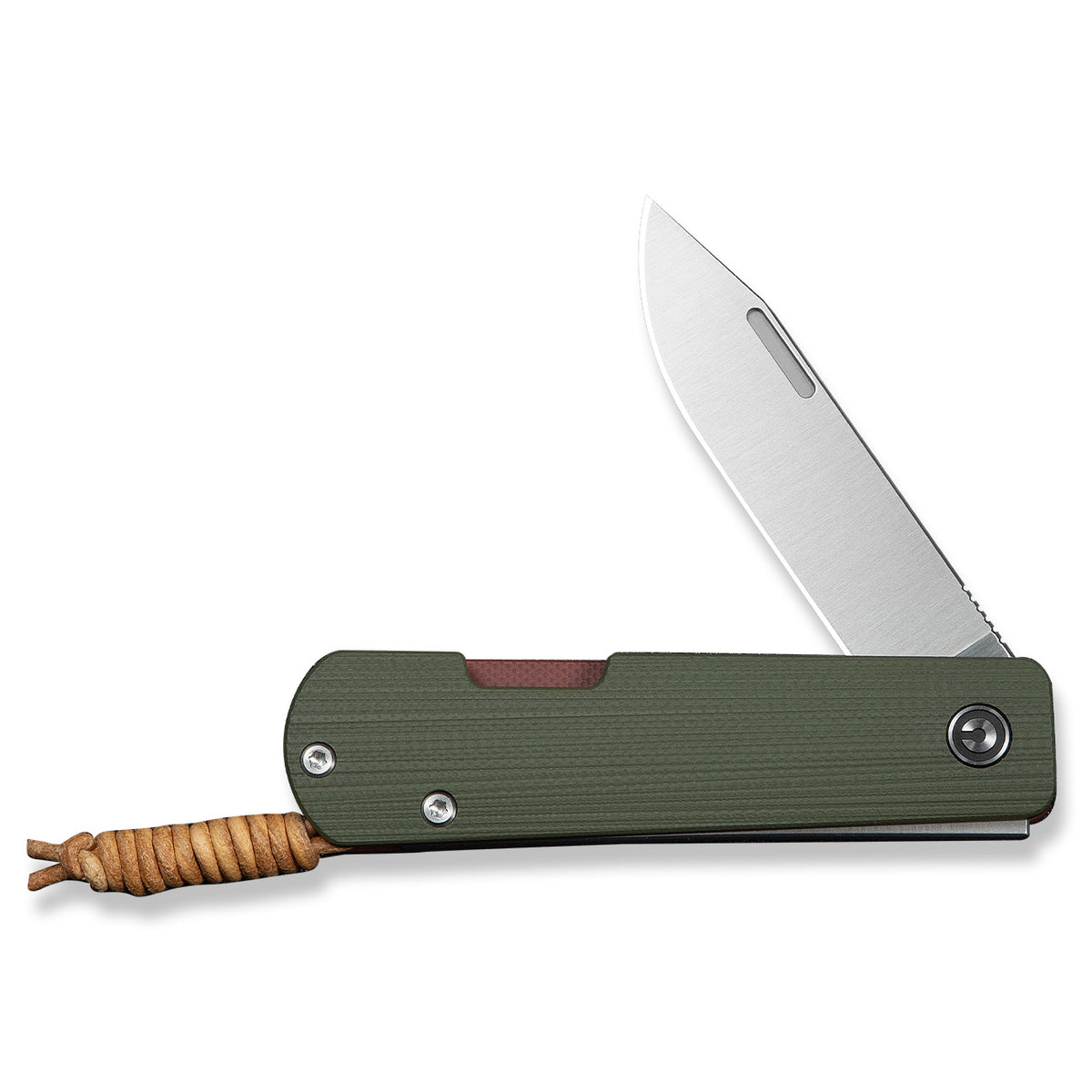 Hand holding half-open Slippy Sendy pocket knife with green and red G10 handle