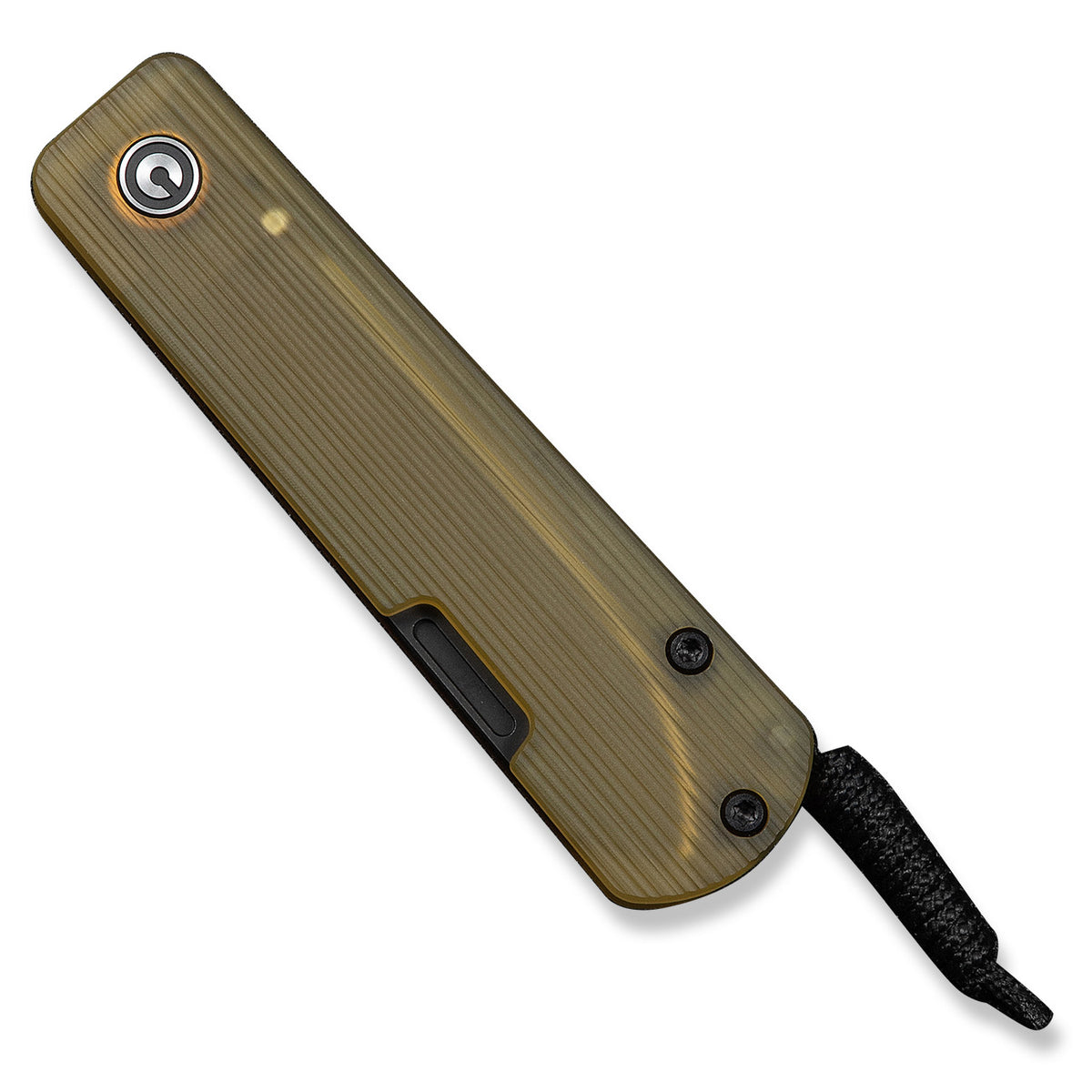 Slippy Sendy pocket knife with tan Ultem handle, closed, back view showing pocket clip