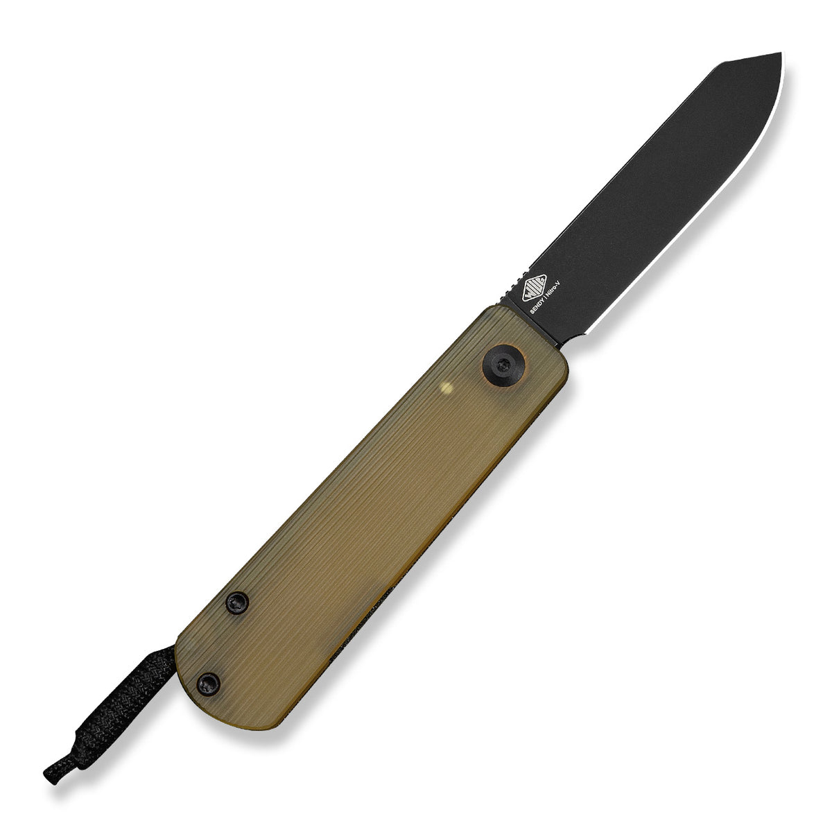 Slippy Sendy pocket knife with tan Ultem handle and black coated blade, open, studio shot