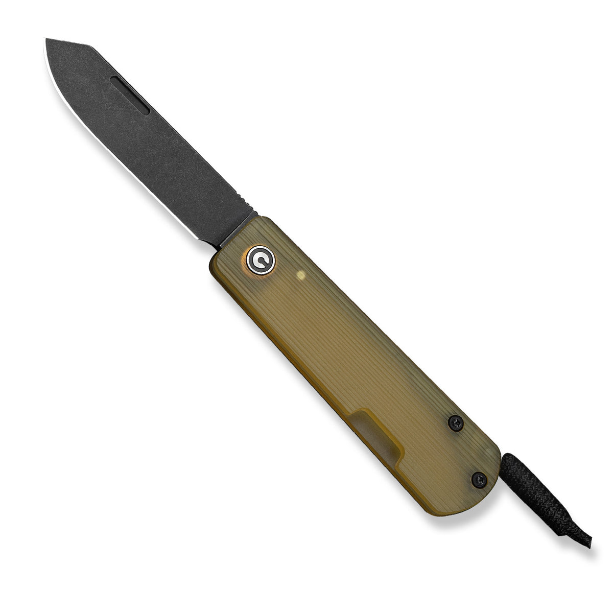 Slippy Sendy pocket knife with tan Ultem handle and black coated blade, closed