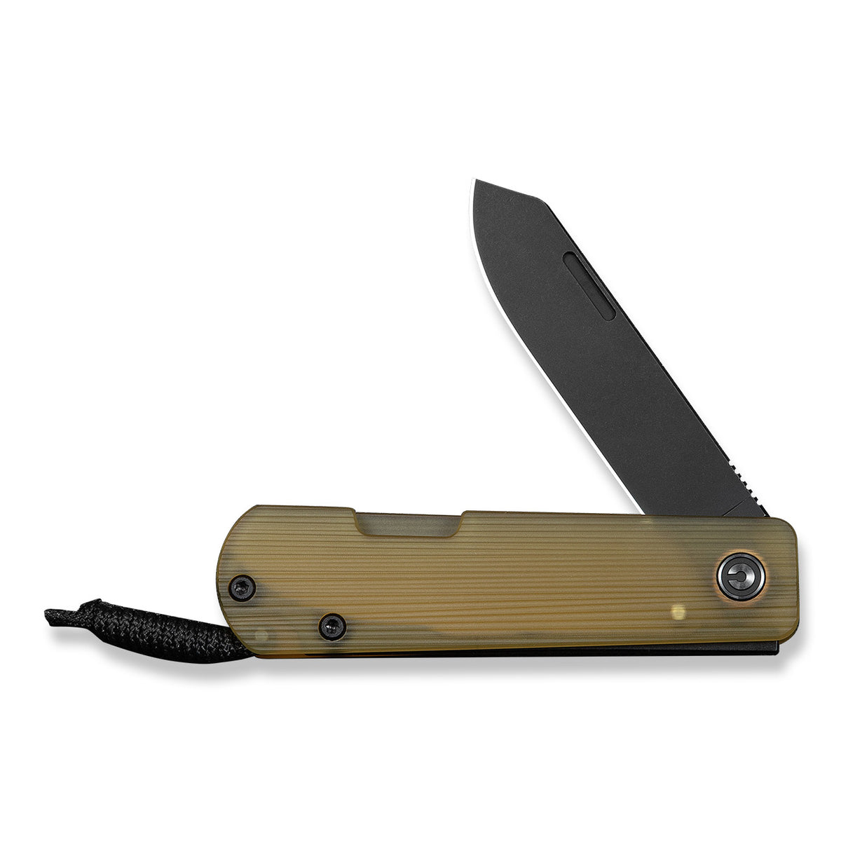 Slippy Sendy pocket knife with tan Ultem handle, half open, studio shot