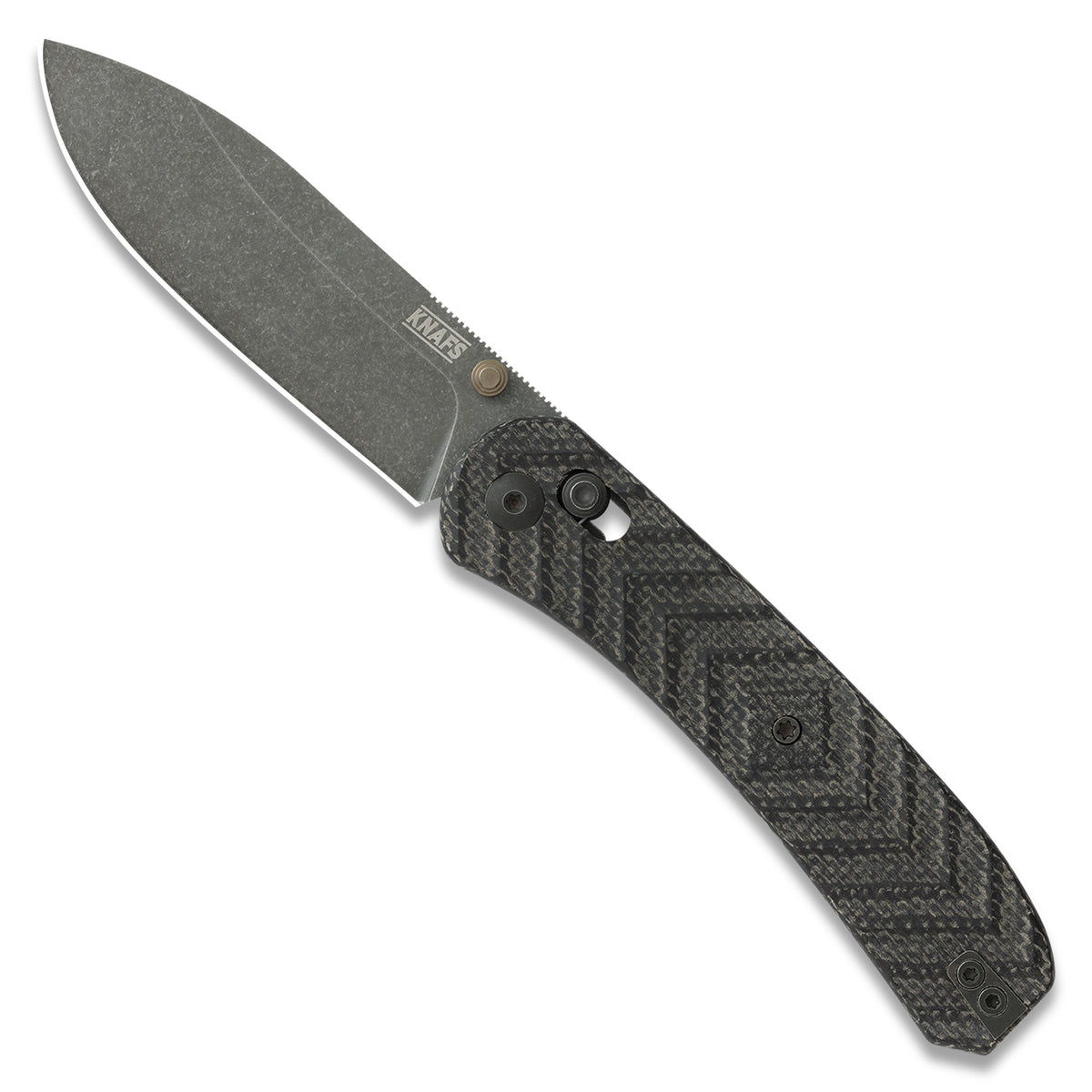 Jeremy Siers collaboration Lander 2 knife with black micarta handle, open, front view